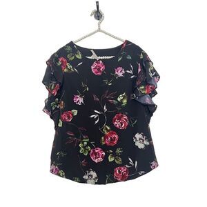 Valerie Stevens Black Floral Rose Ruffled Polyester Blouse Women’s Size Medium